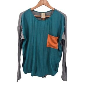 Dolan Top Womens S Teal Gray Colorblock Left Coast Collection Pocket Long Sleeve